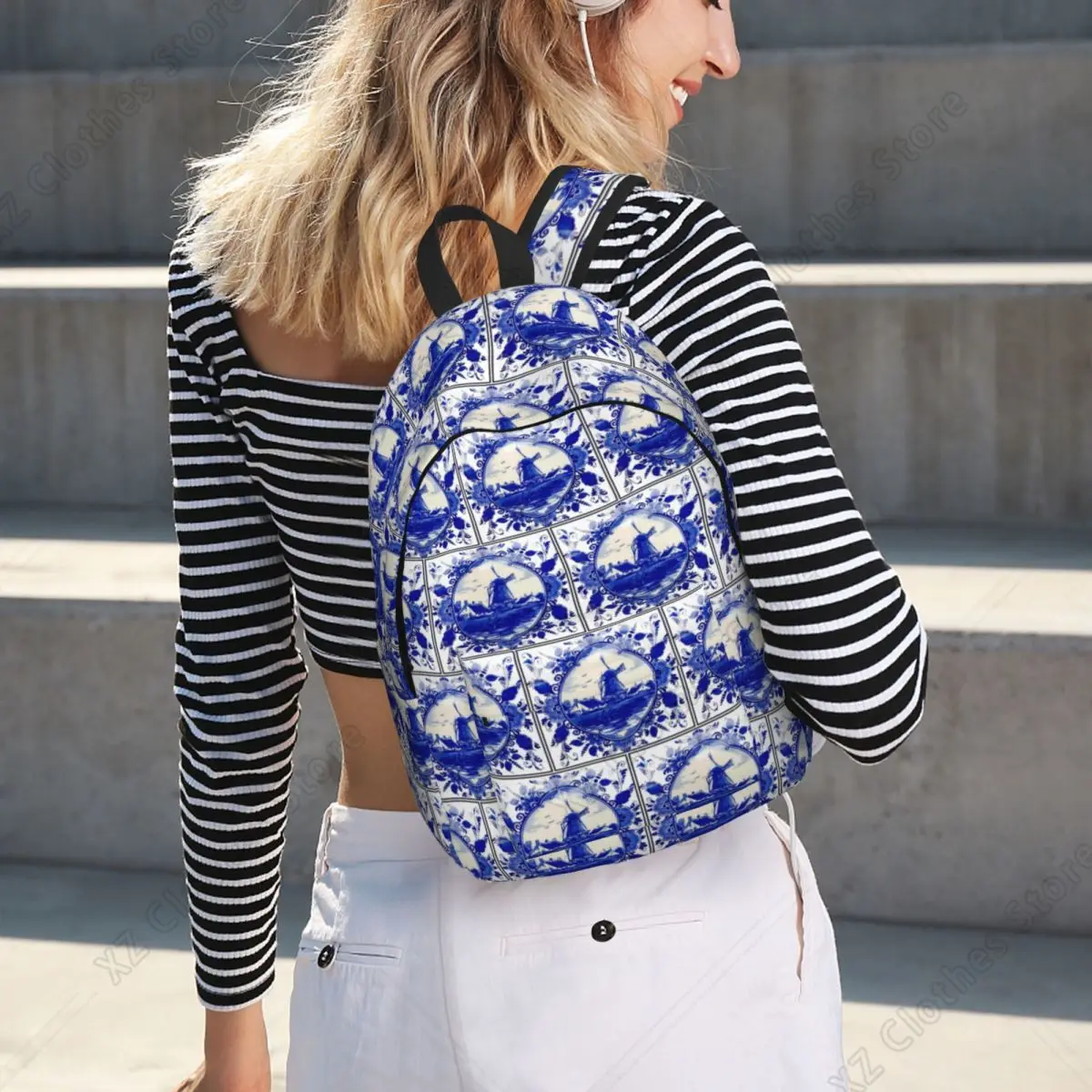 Dutch Blue Delft Windmill On River Print Student Backpack School Bag Hiking Travel Daypack for Boys Girls Bookbag Shoulder Bags