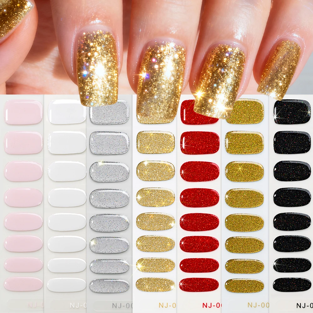 16Tips Golden Red Glittery Semi-cured Gel Nail Stickers UV Fast Dry Full Cover Nail Extension Gel Wraps Christmas Gel Nail Foils