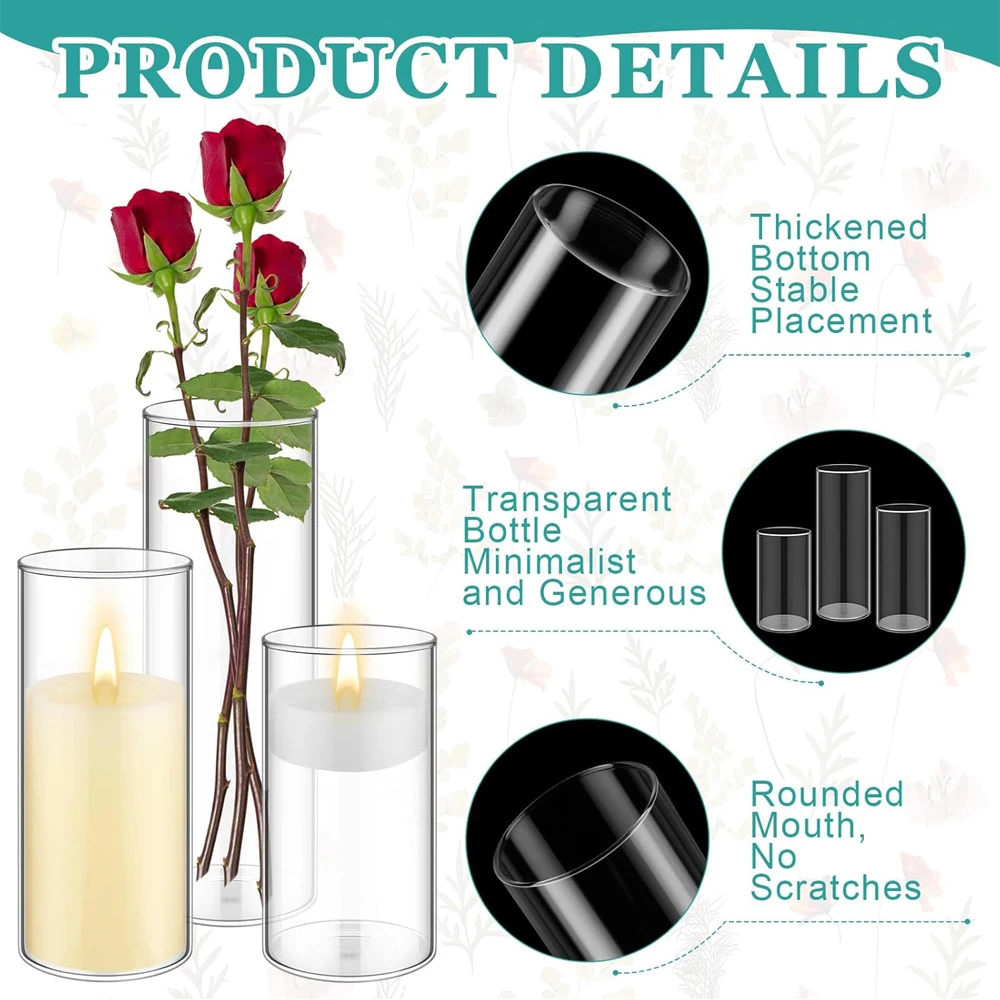 Glass Cylinder Vases 4 6 8 Inch Tall Clear Flower Vase Hurricane Floating Candle Holder for Table Centerpiece Wedding Home Decor