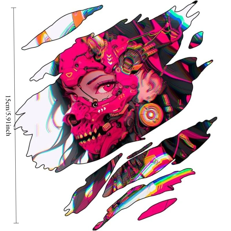 

Cyberpunk Demon Girl with Mask Torn Vinyl Sticker, Holographic Decal for Car Bumper Motorcycle Camper Decor