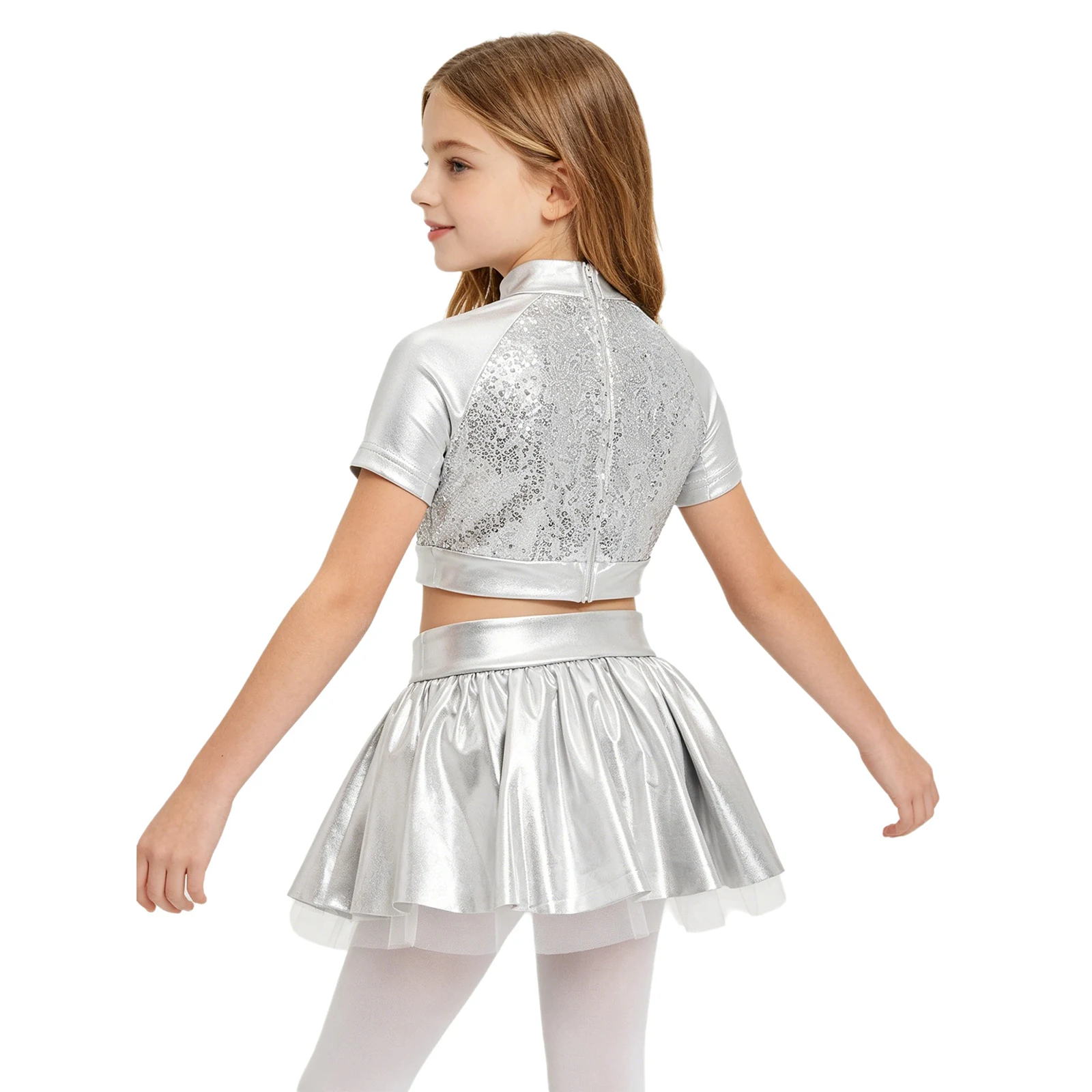 Kids Girls Jazz Dance Cheerleading Performance Outfit Short Sleeve Sequins Metallic Crop Top with Shiny Tutu Skirt Dancewear
