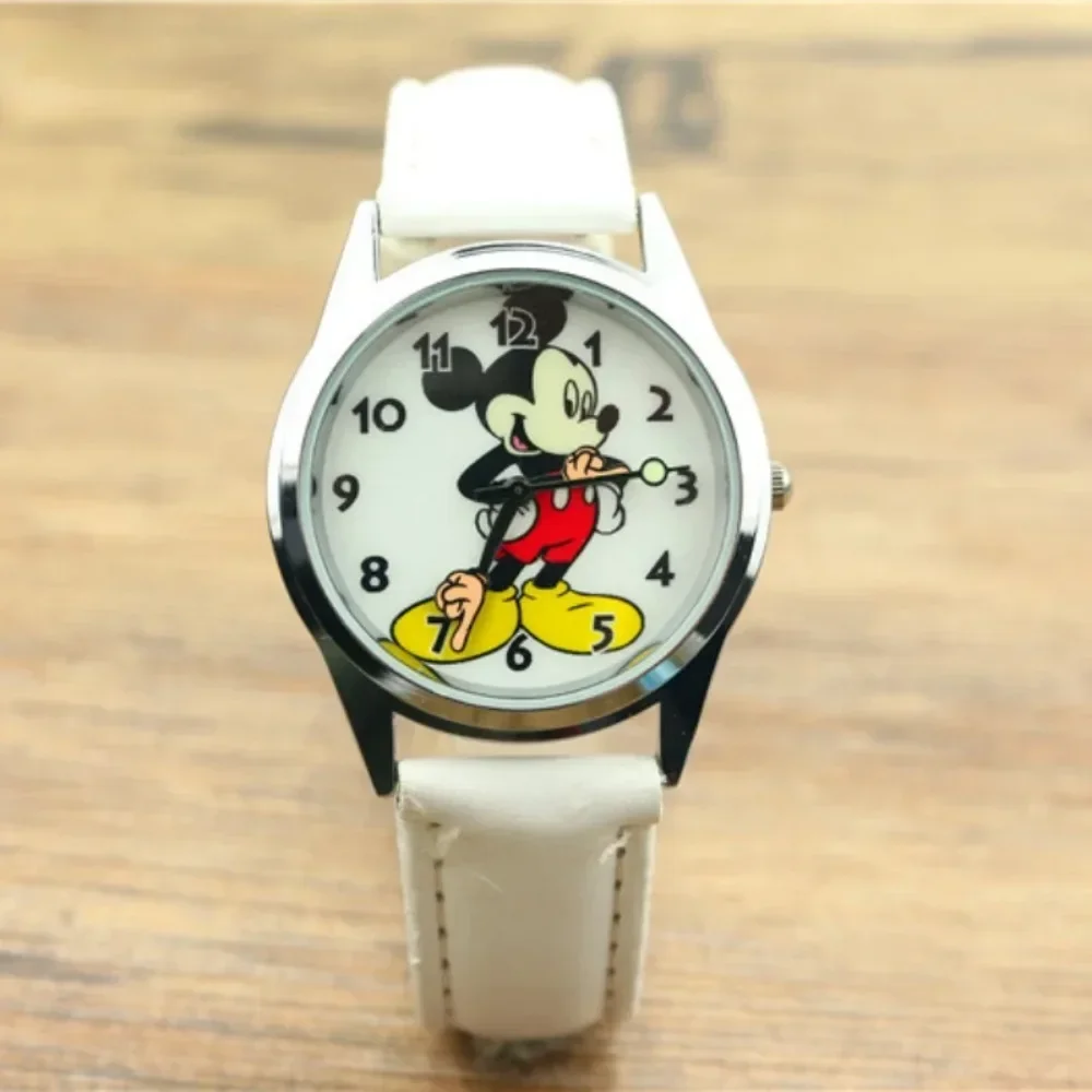 Miniso Anime Cartoon Disney Mickey Mouse Boys Girls Student Round Quartz Watch Children Leather Belt Wristwatch Christmas Gifts