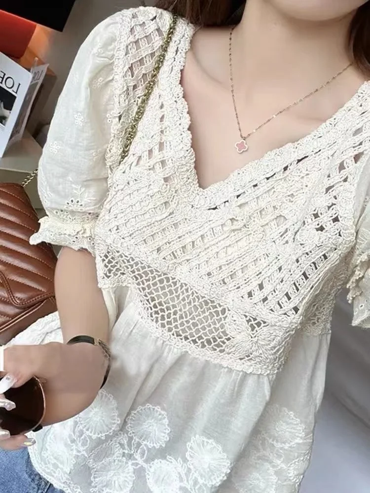 Lace for Girls 2023 Summer Loose Thin Short Sleeve Blouse Blusas Clothes for Women Tops Shirts Blouses