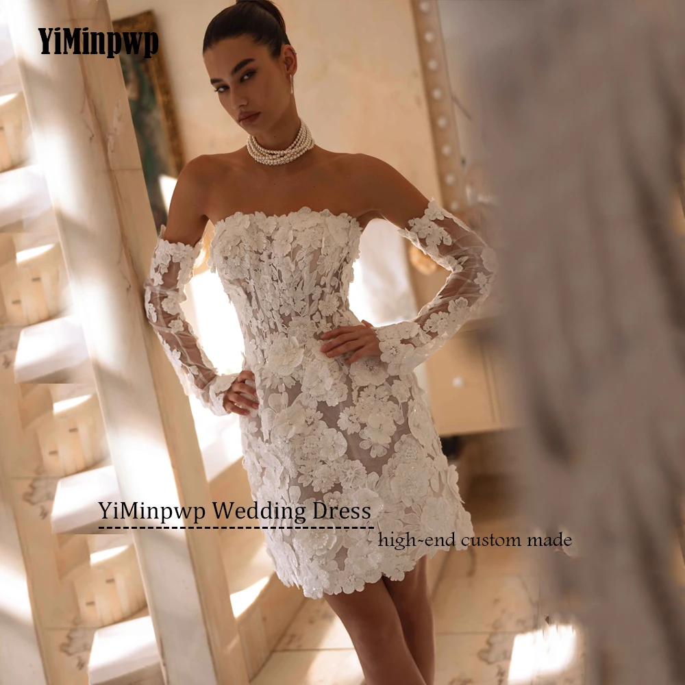 ミニレースの花のウェディングドレスストラップレスジッパーバックアップリケチュールストレート取り外し可能なスリーブ花嫁パーティードレスカスタマイズ