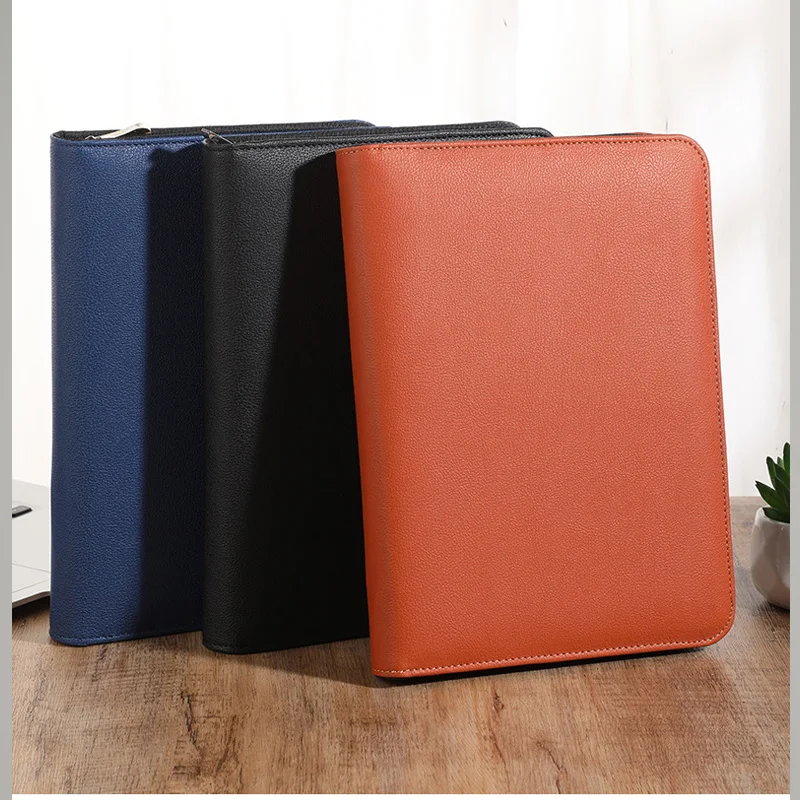 

A5 Senior Faux leather padfolio business travel notebook planner portfolio with ring binder zipper Inner core office supplies