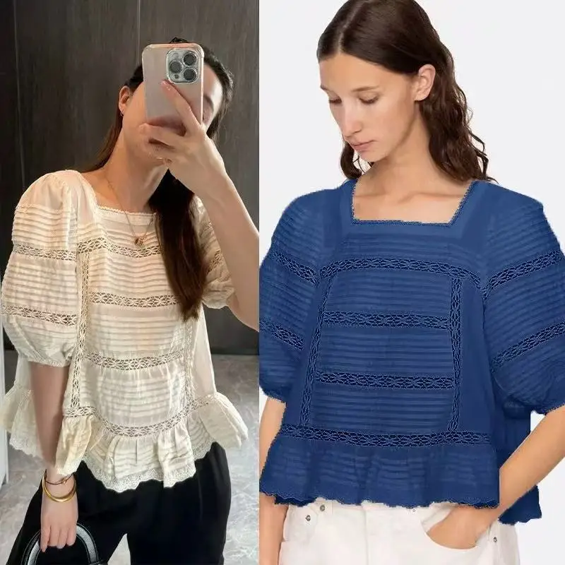 

Французская блузка с кружевными вставками и квадратным воротником, рукавами-фонариками, весна-лето, новинка, 100% хлопок