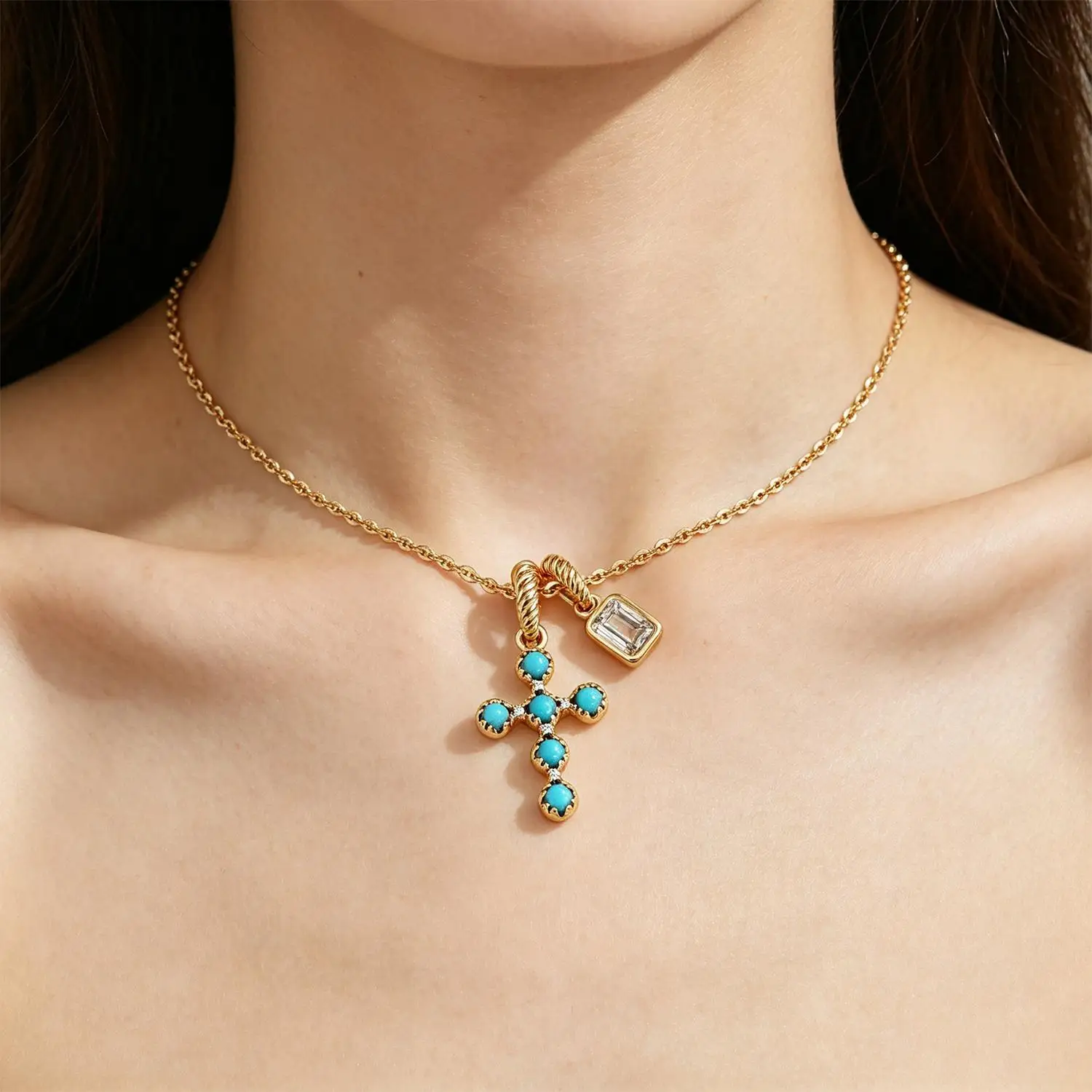 Religious Style Cross Pendant Necklace Rectangle Zircon Charm Chain Necklace for Women Retro Neckwear Daily Wear Jewelry Gift