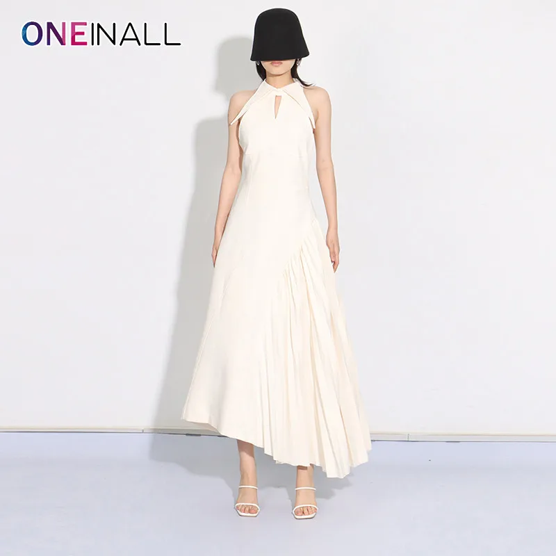 

ONEINALL Solid Pleated Dresses For Women Lapel Sleeveless High Waist Backless Hollow Out Asymmetrical Casual Maxi Dress Female