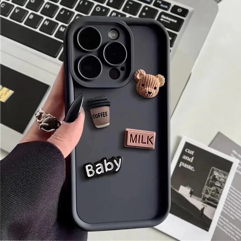 Cute 3D Bear Coffee Cartoon Phone Case for Xiaomi Redmi Note 11 12 13 Pro Plus 5G 12S 11S Redmi 12C 13C 4G Soft Shockproof Cover