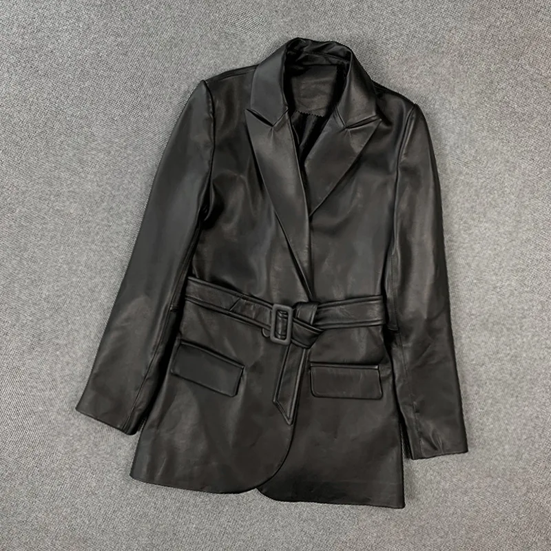 2022 Spring And Autumn New Women Lambskin Suit Belt Leather Jacket Mid-Length Coat E12