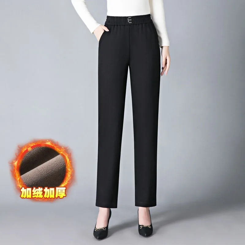 女性用伸縮性ストライプストレートレッグベルベットパンツ、ハイウエストパンツ、ウォームカジュアルパンツ、中年母親用ロングパンツ、冬