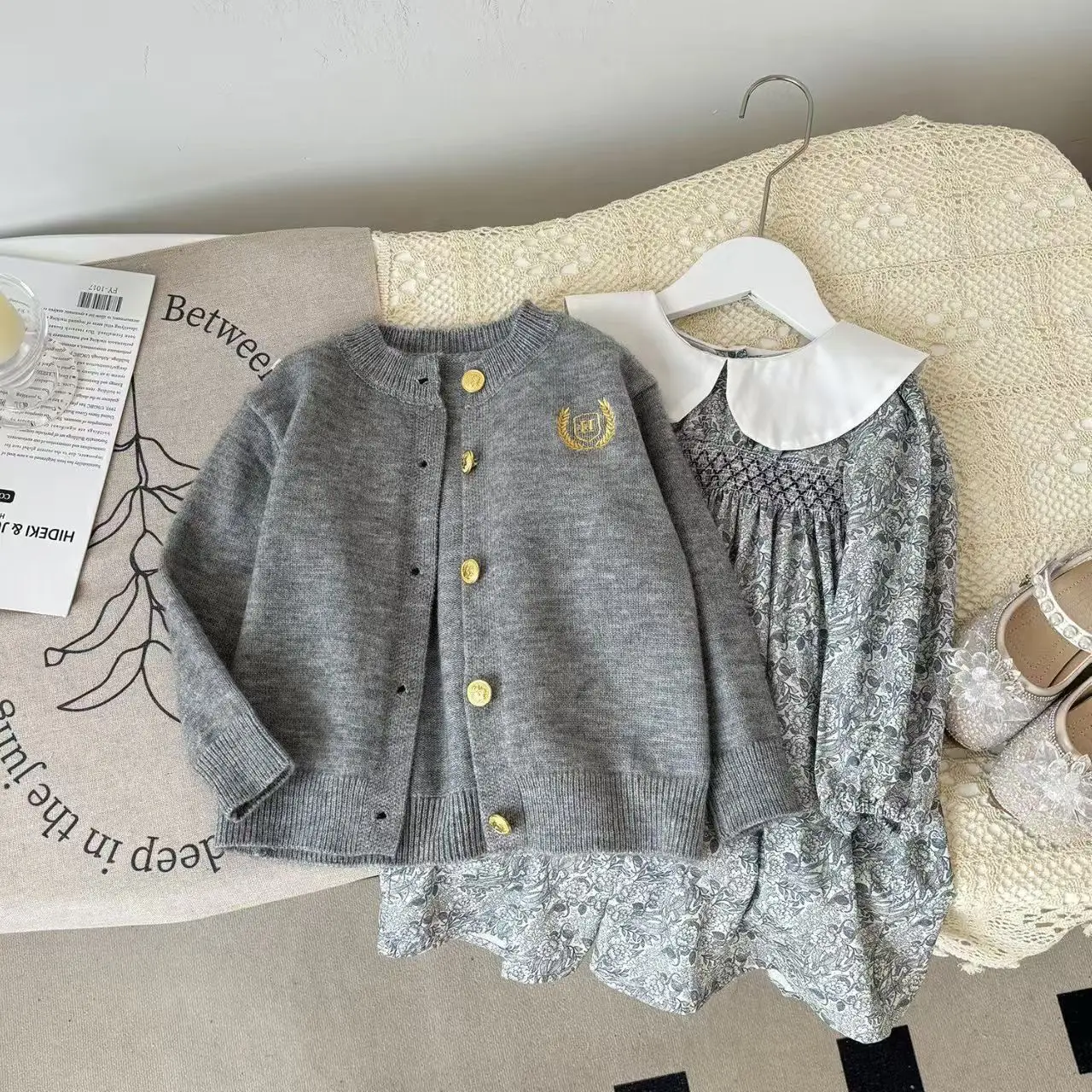 Fresh Girl Korean Two Piece Grey Knitted Sweater Set with Princess Skirt Set for Autumn 2025 90-140CM