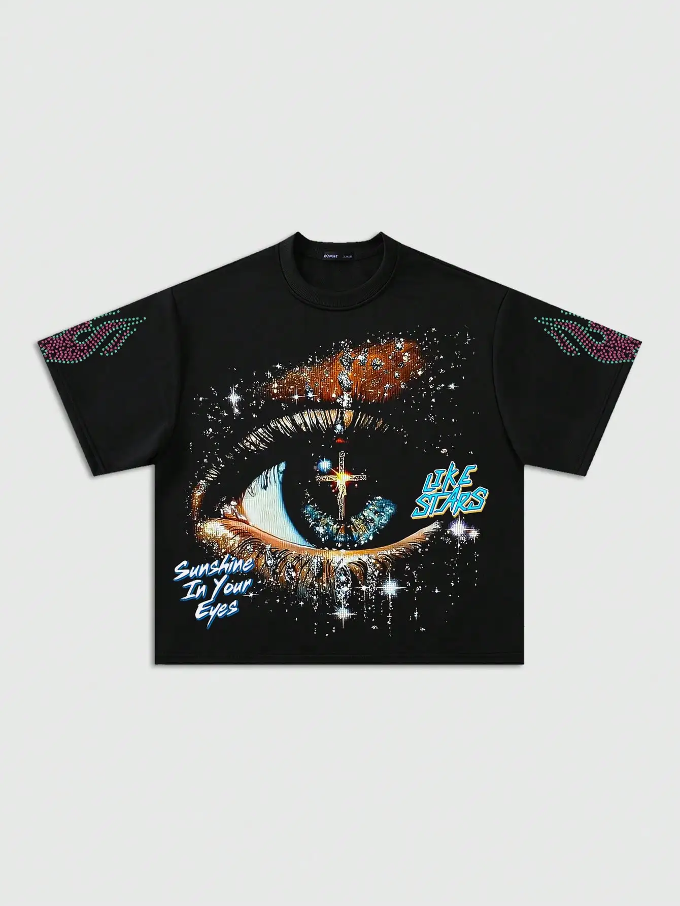 

Black Oversized Cropped T-Shirt with Cosmic Eye Graphic and Rhinestone Flame Sleeves