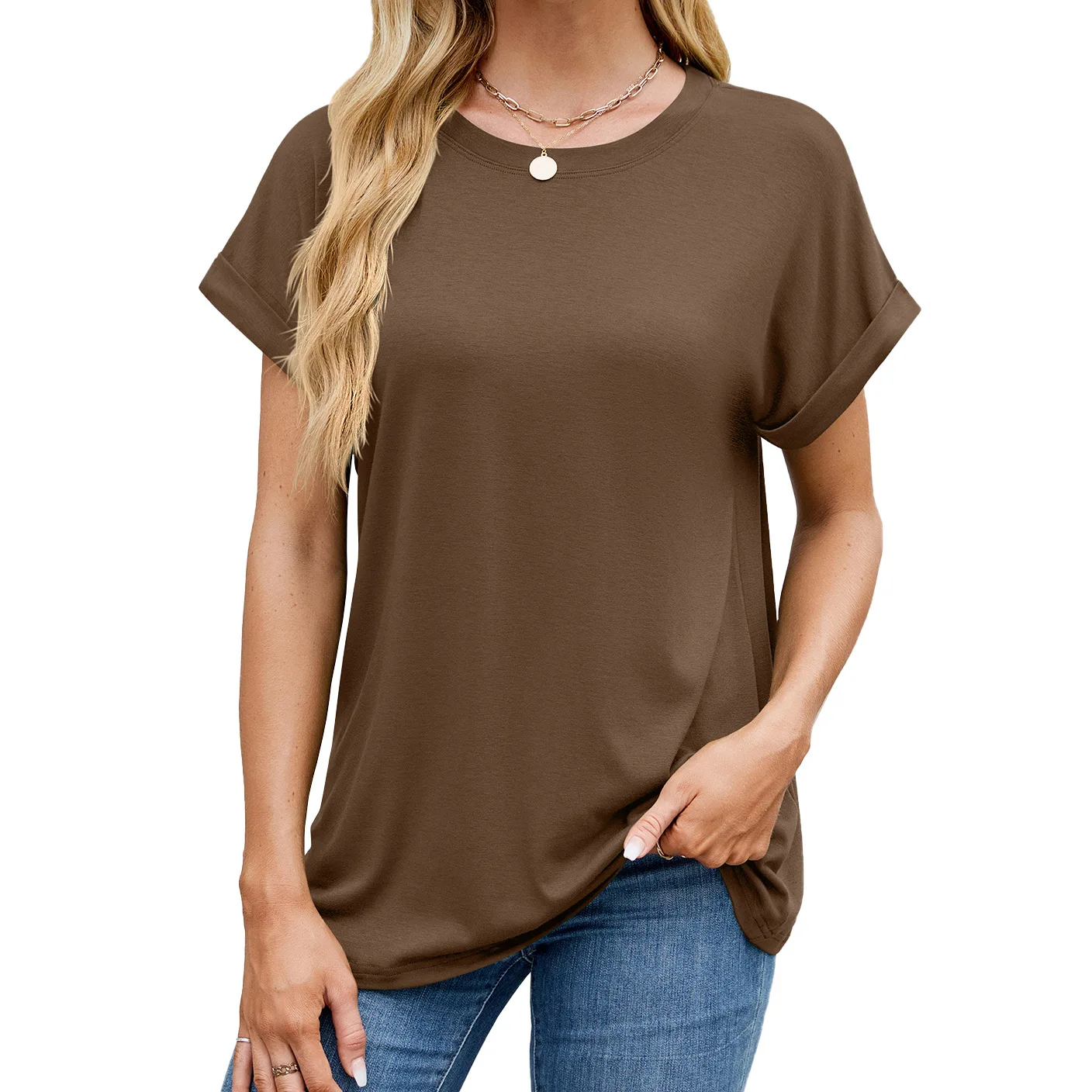 

Summer Women's O-neck Loose T-shirt Short-sleeved Solid Color Pullover Top Fashion Simple Casual Basic Tees