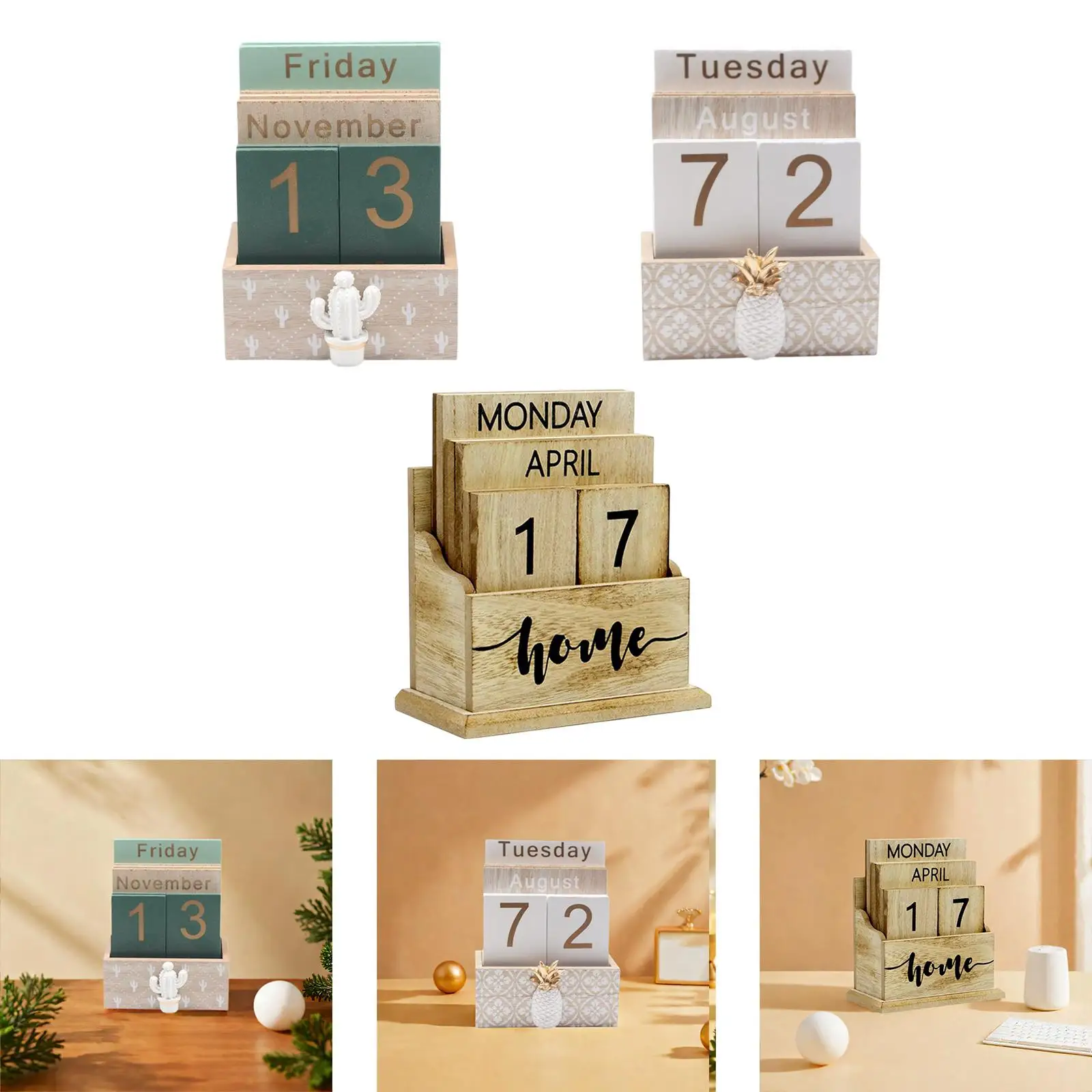 Perpetual Calendar Tabletop Rustic Farmhouse Aesthetic Office Wood Block Calendar Desk for Club Living Room Dorm Bedroom School