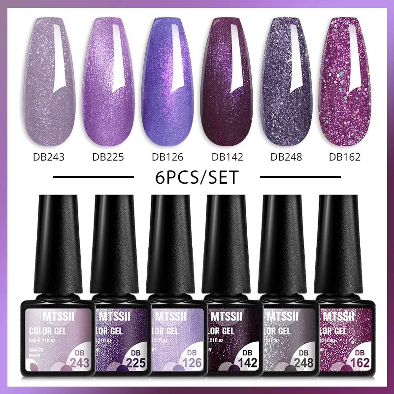 

6Pcs/Set Purple Glitter Bright Gel Nail Polish Set Semi Permanent Spring Summer Colors Series Soak Off UV Nail Art Gel Varnish