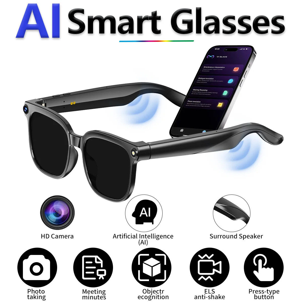 

AI Smart Glasses with 800W Camera - HD Photo & 4K Video Recording, Real - Time Translation, Bluetooth Call & More!