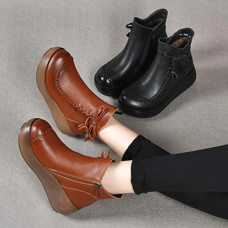 GKTINOO Ankle Women Boots Genuine Leather Round Toe Women Shoes Zip 2024 New Wedges Handmade Leisure Platform Boots Size 33-40