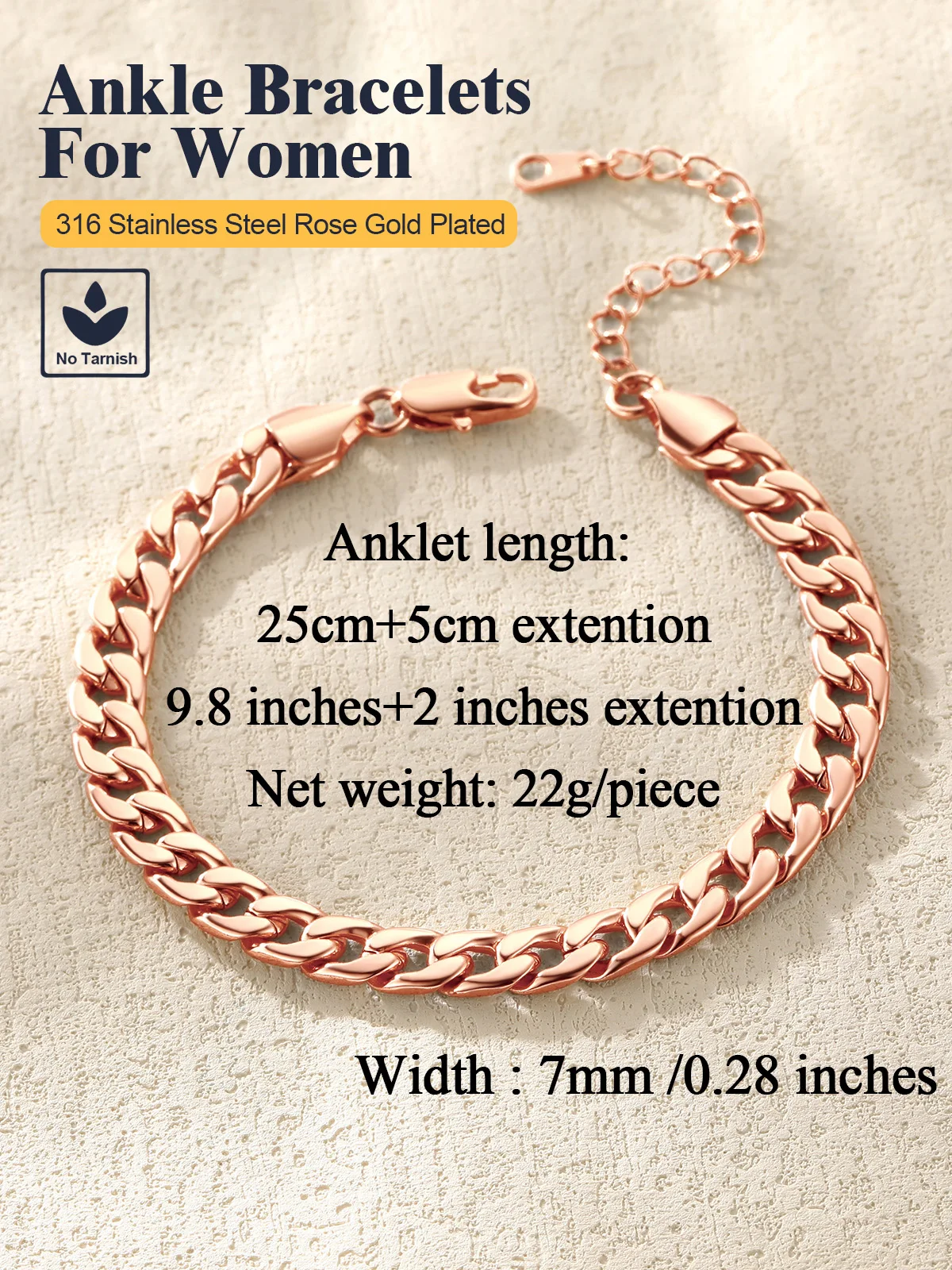 U7 Waterproof 7mm Cuban Chain Anklet Classic Foot Ankle Bracelet for Women 9.8inches Simple Summer Beach Jewelry Gift for Her