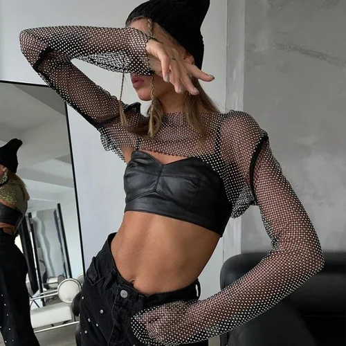 Venta al por mayor de señoras temperamento Rhinestone cuello redondo manga larga brillante 2025 verano hueco brillante camisa de fondo Top corto de las mujeres