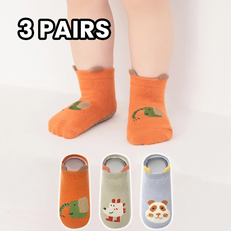 3 Pairs Baby Anti-Slip Walking Socks with Cartoon Animal Patterns Kids Adhesive Floor Socks for Daily Home Wear
