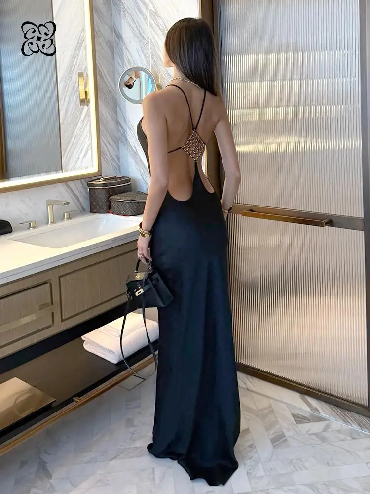 

2026 Black Satin Backless Maxi Dress with Rhinestone Mesh Back Spaghetti Strap Evening Gown Bar Nightclub Clothing Party Gown