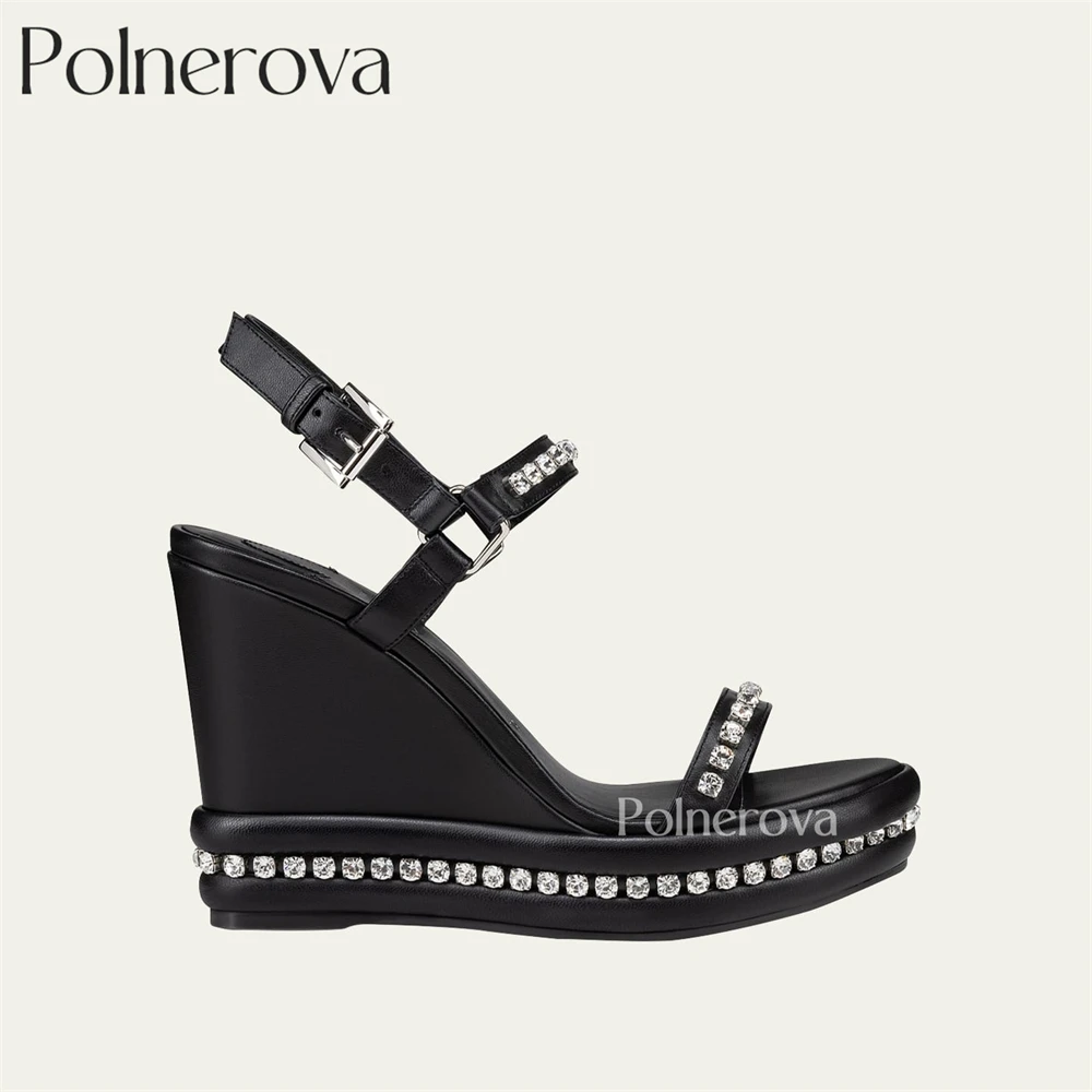 Crystal Gemstone Wedge Sandals Black Silver Buckle Platform Sandals Designer Latest Style Round Open Toe Wedges for Women New In