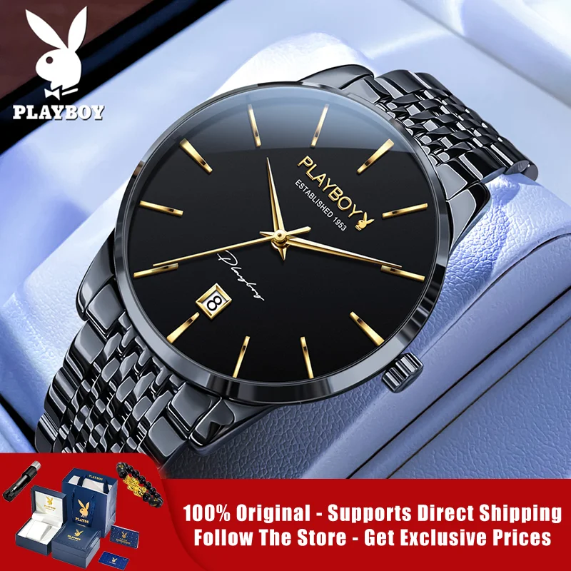 PLAYBOY 2604 Brand Original Authentic Watches for Man Luxury Gift Box Steel Band Calendar Mechanical Men's Watch Gift