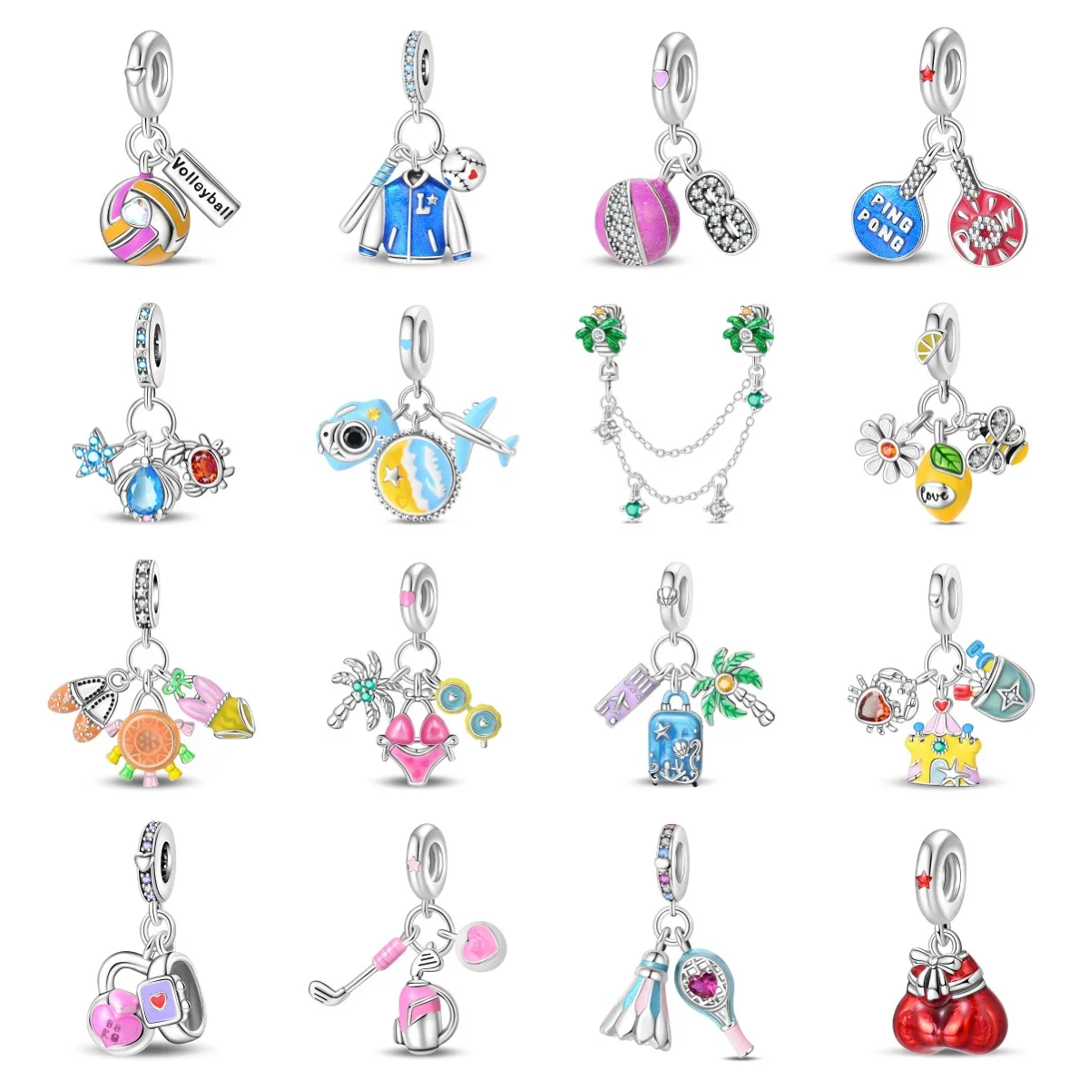 Original Charms Silver Plated Beads Fit Bracelets Bag Diy Women Gift Accessory Volleyball Tennis Travel Luggage Crystal Pendant