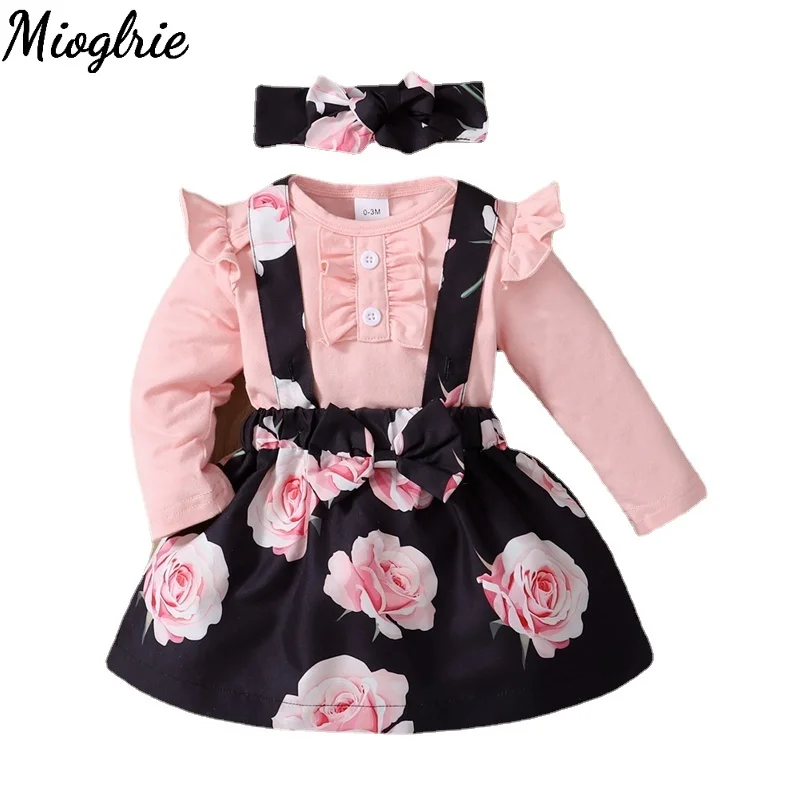 0-2 Years Toddler Baby Girls Dress Long Sleeves Pink Bodysuit Rose Floral Suspender Skirt Caual Newborn Baby 3PCS Outfit Clothes