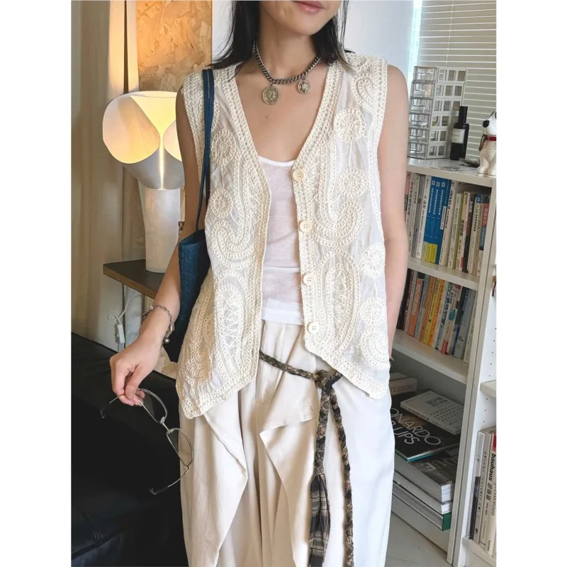 Johnature Summer New French-Style Bohemian Embroidered Hollow Vest Handmade Feel Sleeveless Top For Women