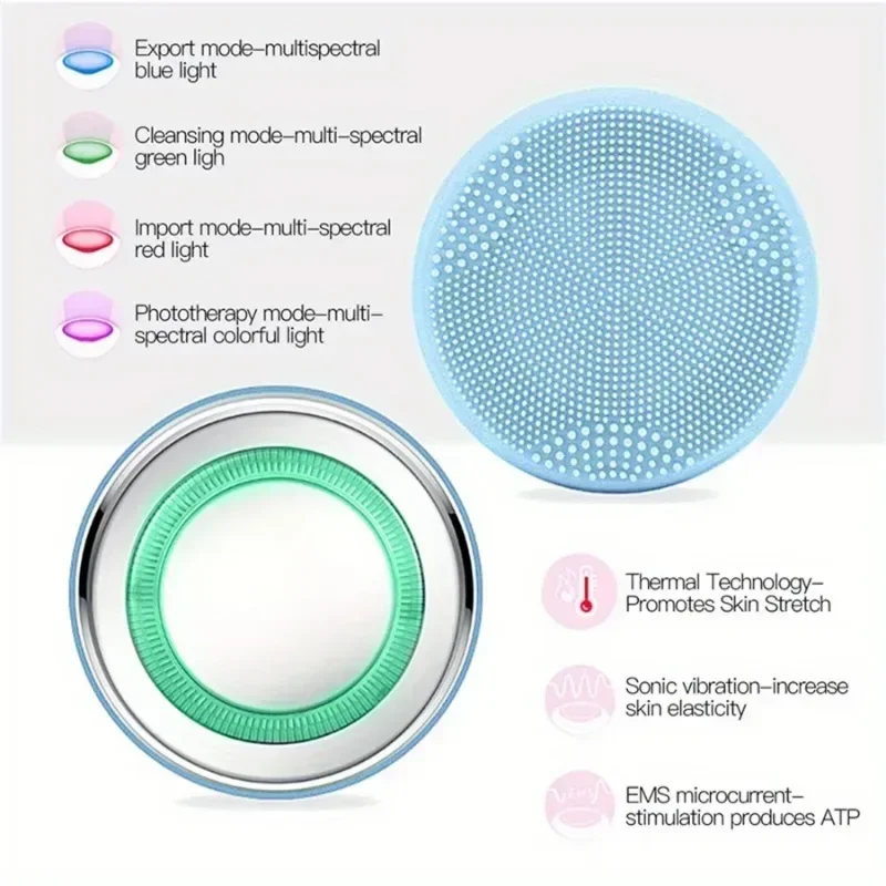 Dispositivo multifuncional de beleza para limpeza facial e rejuvenescimento da pele EMS Microcorrente Função de compressa quente Terapia de luz colorida