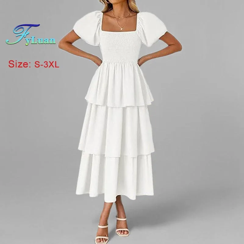 فستان نسائي صيفي جديد بأكمام قصيرة فستان طويل أنيق عالي الخصر بلون سادة وأكمام فقاعية فساتين لحفلات الكوكتيل النسائية #6
