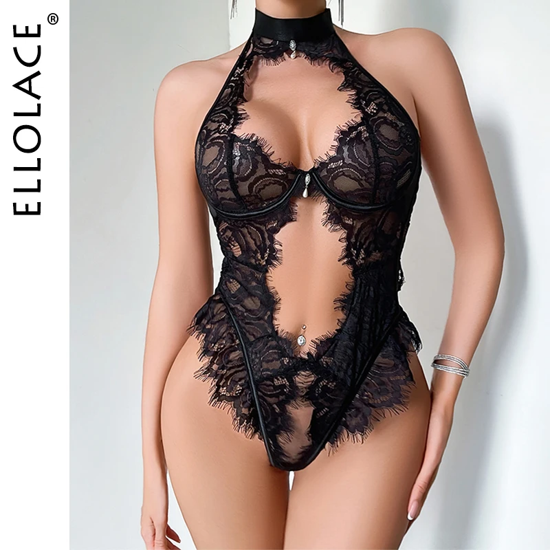 Elloloce Seductive Women's Lingerie Stores Halter Hollow Bodysuit Tempted Eyelash Lace Cutout Design Fabulous Women's Intimates