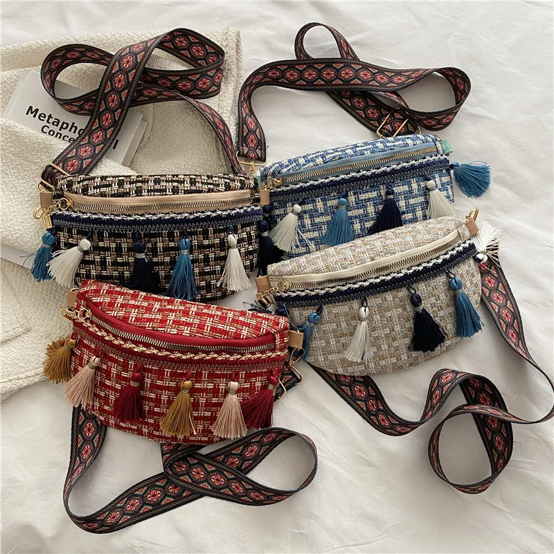 2023 New Woven Single Shoulder Crossbody Bag Trendy National Style Ethnic Minority Style Chest Bag Wide Shoulder Strap