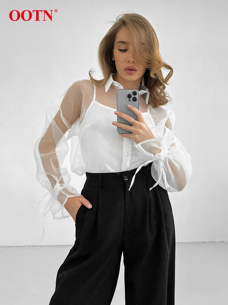 OOTN Fashion White Mesh Shirts Blouses Women Elegant Long Sleeve Lace-Up Loose Shirts Summer Black Transparent Sexy Blouses 2024