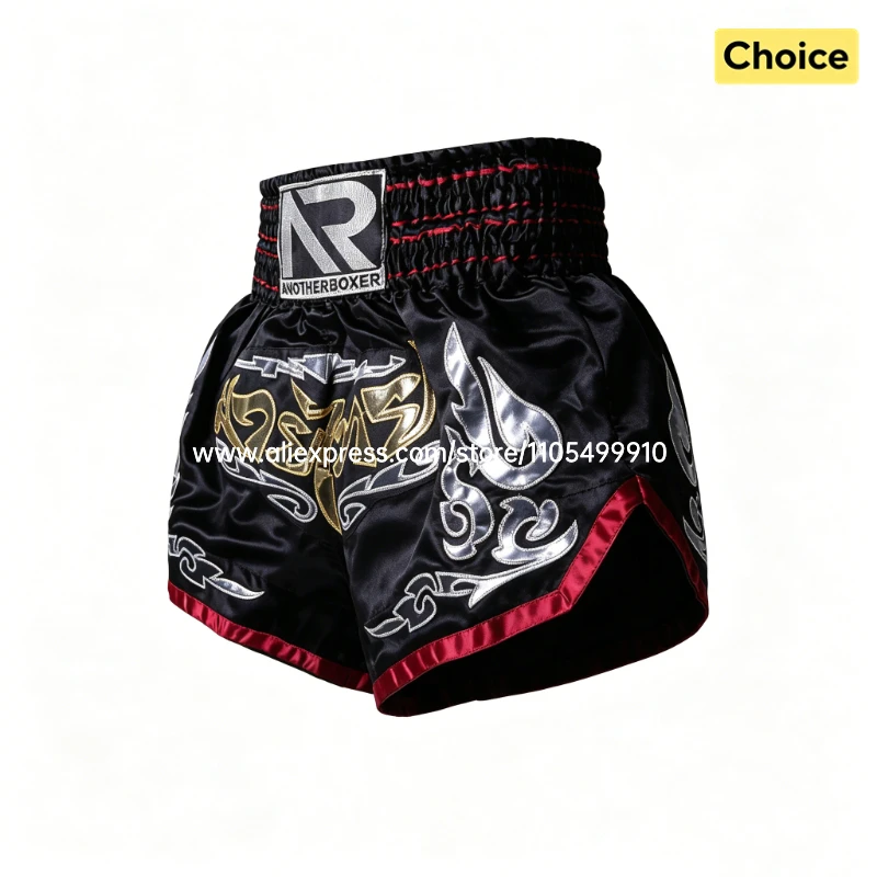 Muay Thai Boxshorts mit Stickerei-Patch Kampf-Kickboxshorts für Männer Frauen Jugendliche Kinder MMA Training Wettkampfhosen Schwarz