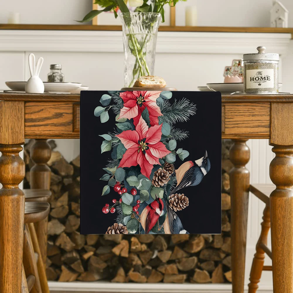 Christmas Bird Poinsettia Holly Fir Pine Cone Table Runner Farmhouse Dining Table Runners Wedding Party Table Decoration