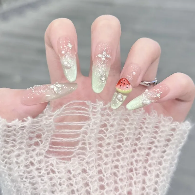 

10pcs Handmade Ready-made artificial press on nails Summer self-adhesive Fake nails 3D Watermelon sweet Stick-on nails