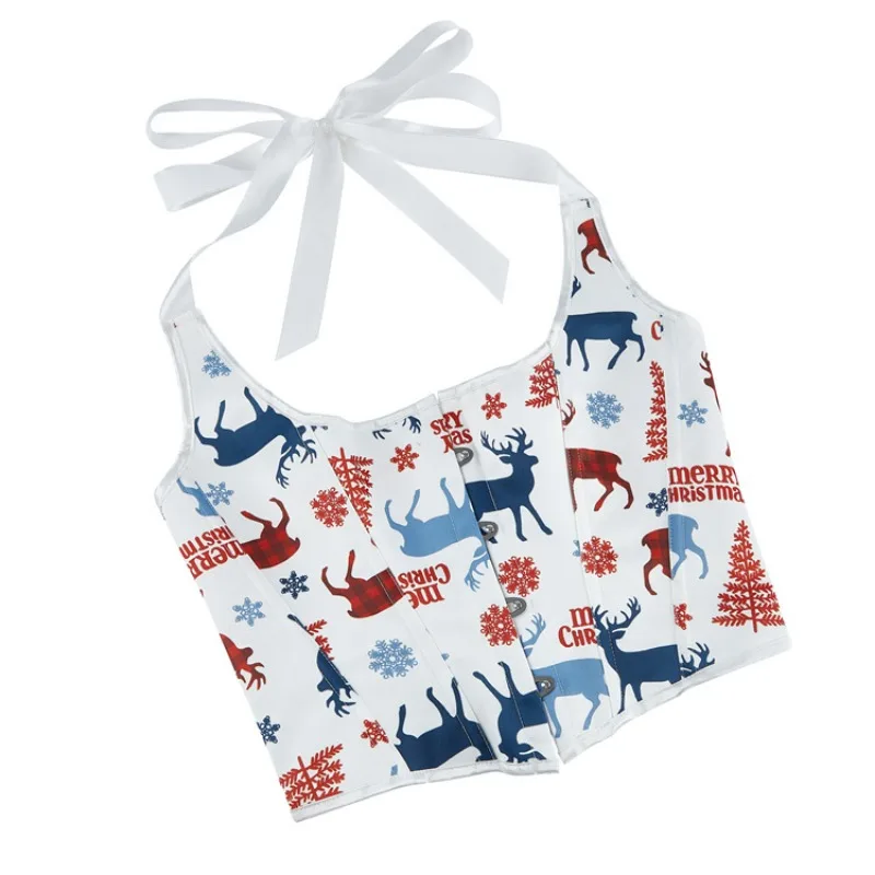 Painted Elk Corset White Christmas Corsets and Bustiers Female Neck Lace-up Waist Adjustable Body Shapewear  corselet bordado