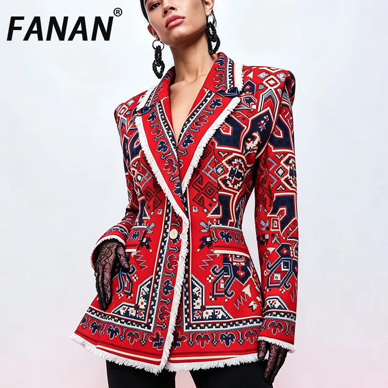 FANAN Women Red Ethnic Geometric Print Blazer Fringe Trim Lapel Collar Single Button Slim Waist Long Sleeve Suit Jacket Fashion