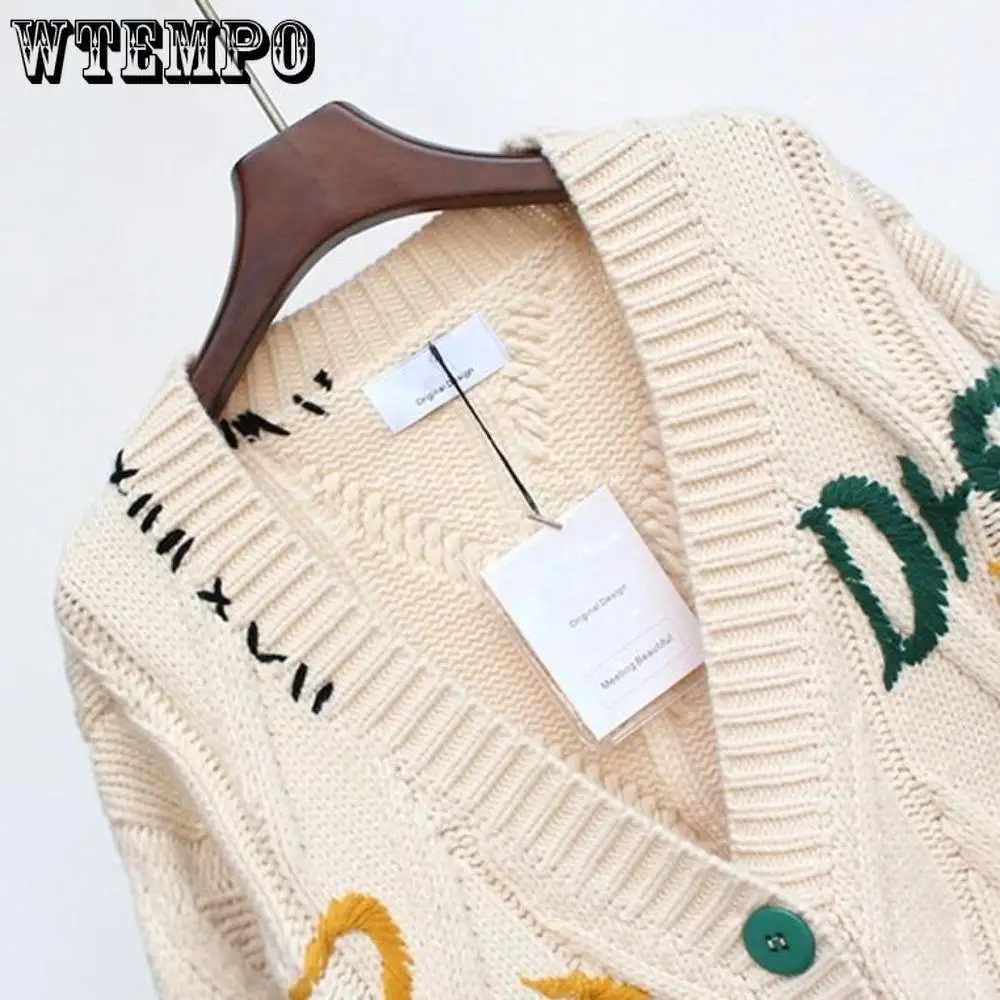 Women's Cable Knit Long Sleeve Open Front Cardigan Sheep V-Neck Button Down Embroidery Wool Blend Sweater Coat Outwear