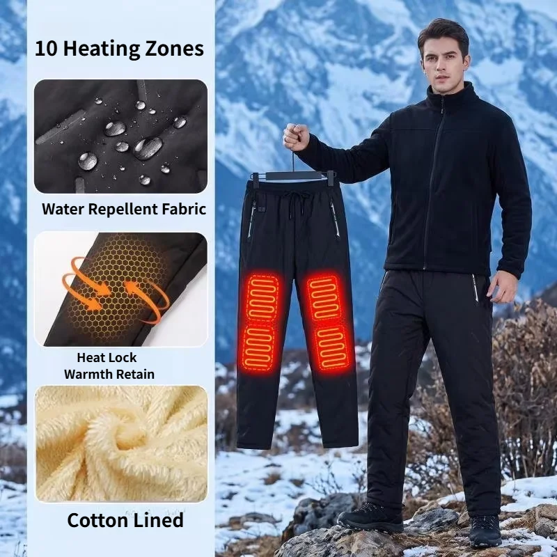 Winter Smart Constant Temp Heated Pants, Sherpa Lined USB Heating Trousers, Drawstring Waist Zipper Pockets Outdoor Cold-Proof