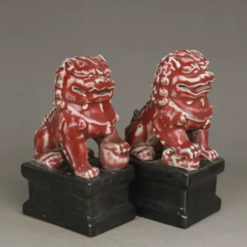 Antique porcelain red glazed lion statue ornament a pair auspicious beast mascots home feng shui lucky desktop decoration