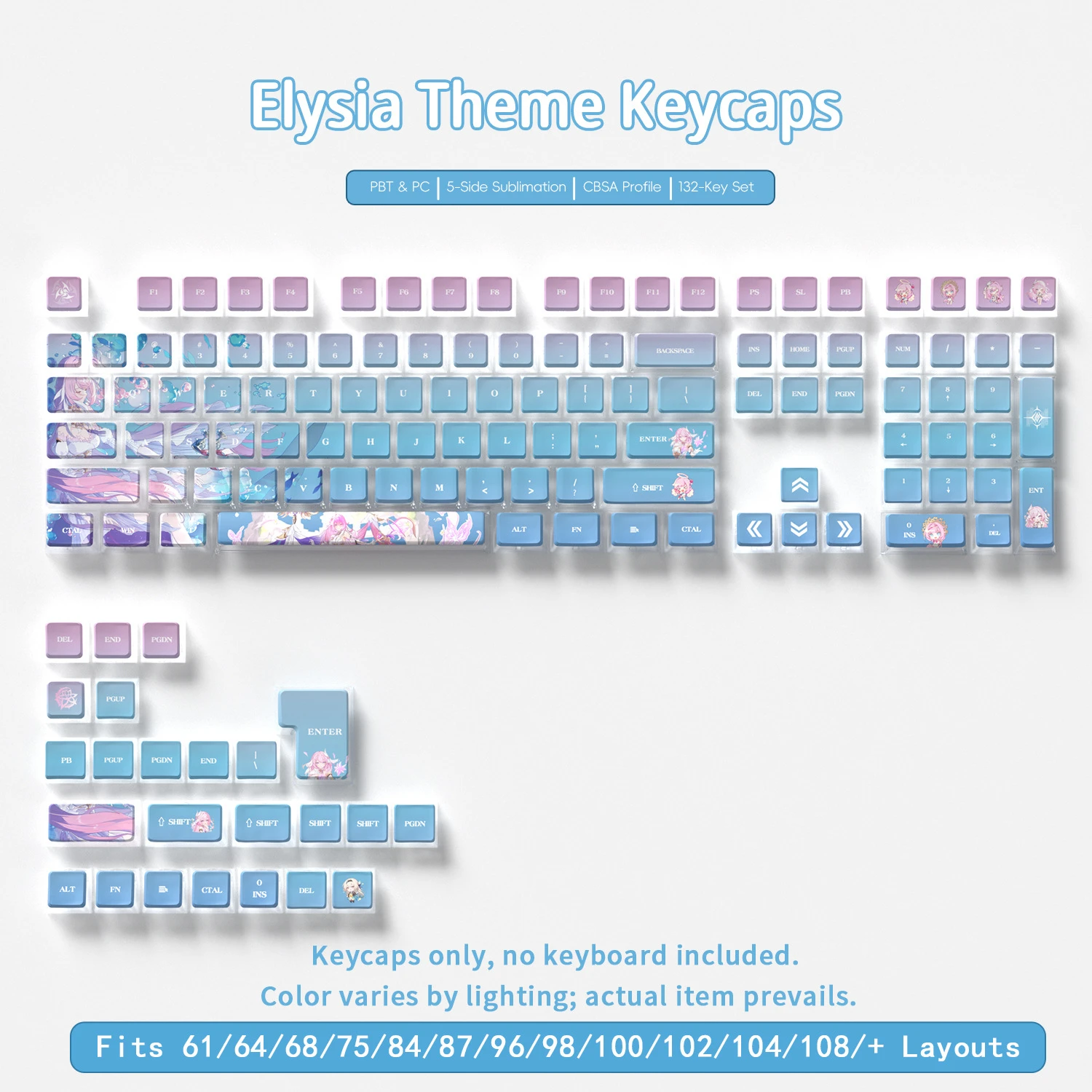 Elysia Four-Sided Backlight Keycaps 132 Keys PBT+PC Material CBSA Profile For MX Switch Mechanical Keyboard ISO ANSI Layout