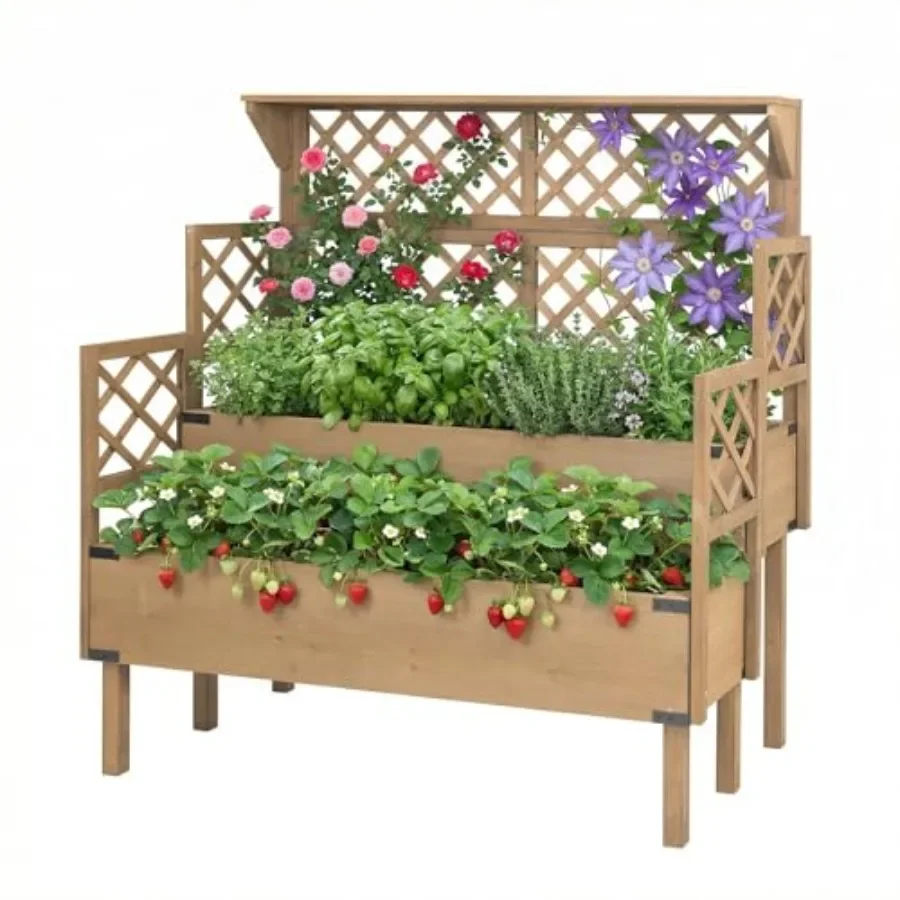 Raised Garden Bed with Trellis and Top Shelf, Outdoor Elevated Planter Box with 2 Planting Areas, Liner and Metal Corners for C