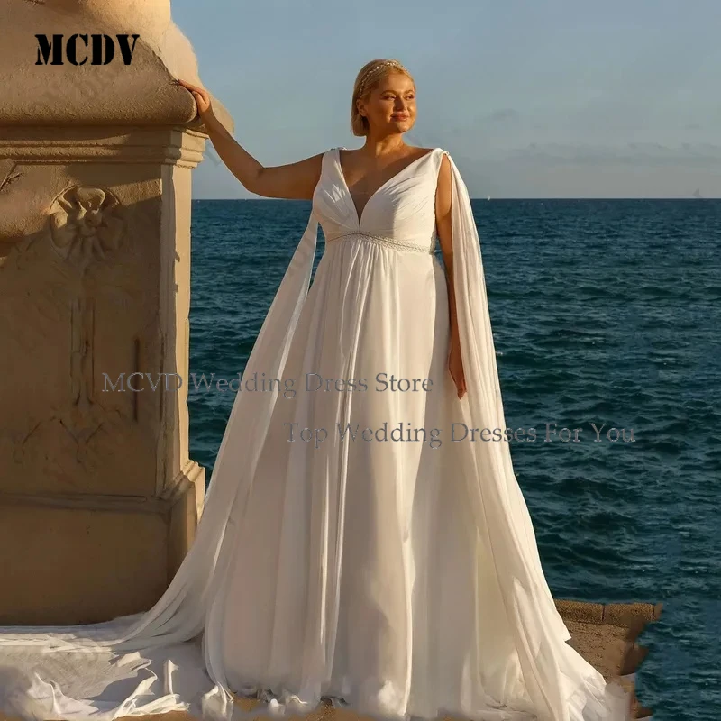 

MCDV Oversize Wedding Dress With Cape Sleeveless V Neck Beach Bride Gowns Chiffon A Line CustomizedBridal DressforBeach Weddings