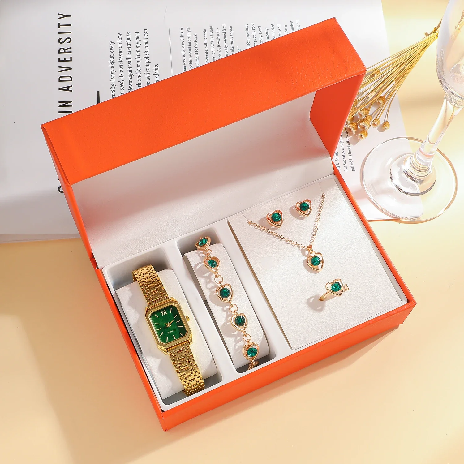 أزياء خفيفة فاخرة مربع الطلب سبيكة حزام المرأة كوارتز ساعة مجوهرات مجموعة 6 قطعة مجموعة لهدايا العيد #2