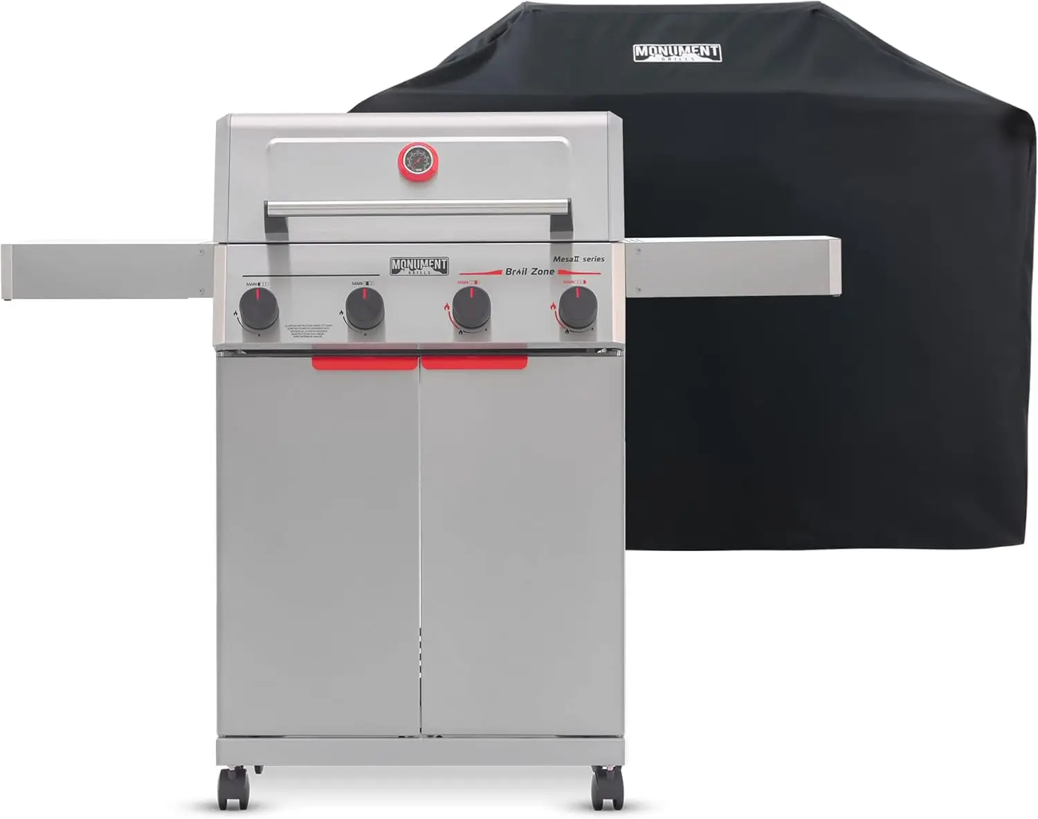 

Stainless Steel Propane Gas Grill with 4 Burners, Reaches 500°F in 5 Minutes, 525 sq.in Cooking Area, 37,000 BTU, Broil Zone, Foldable Side Shelves, Knob Controls, Built-In Thermometer, Includes Grill Cover