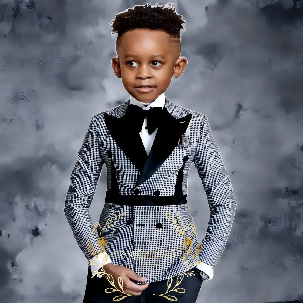 

Elegant Plaid Double Breasted Boys Suit 2 Piece Suit Wedding Kids Tuxedo Formal Jacket Pants Party Fashion Blazer for Boys